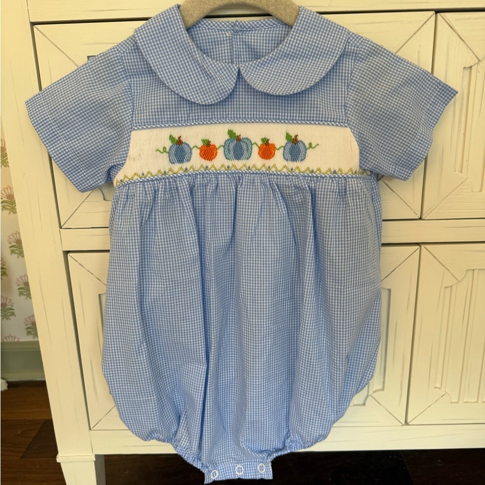 Baby Sen blue check smocked bubble with pumpkin embroidery size 2T